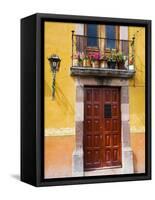 Carved Wooden Door and Balcony, San Miguel, Guanajuato State, Mexico-Julie Eggers-Framed Stretched Canvas
