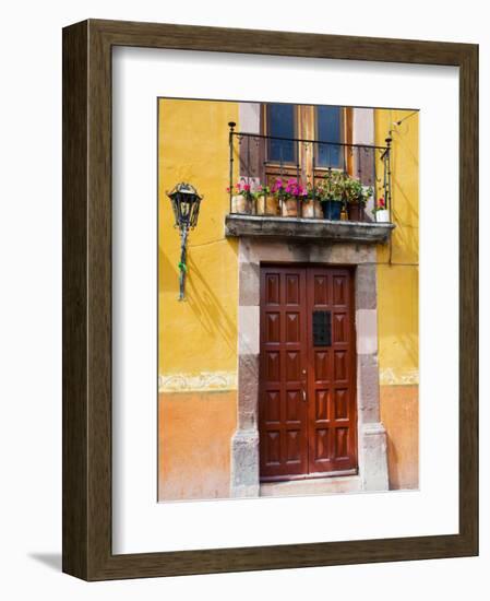 Carved Wooden Door and Balcony, San Miguel, Guanajuato State, Mexico-Julie Eggers-Framed Photographic Print