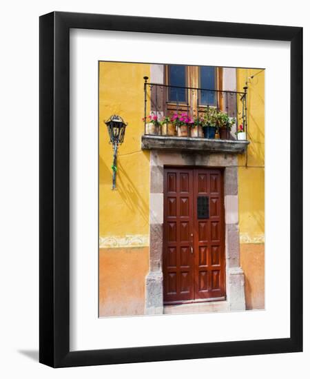 Carved Wooden Door and Balcony, San Miguel, Guanajuato State, Mexico-Julie Eggers-Framed Photographic Print