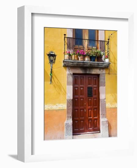 Carved Wooden Door and Balcony, San Miguel, Guanajuato State, Mexico-Julie Eggers-Framed Photographic Print