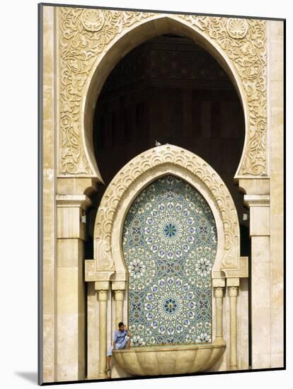 Casablanca a Visitor Is Dwarfed by the Towering Mosaic Tilework of the Hassan Ii Mosque, Morocco-Andrew Watson-Mounted Photographic Print