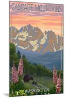 Cascade Mountains, Washington - Bears and Spring Flowers-Lantern Press-Mounted Art Print