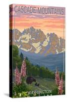 Cascade Mountains, Washington - Bears and Spring Flowers-Lantern Press-Stretched Canvas