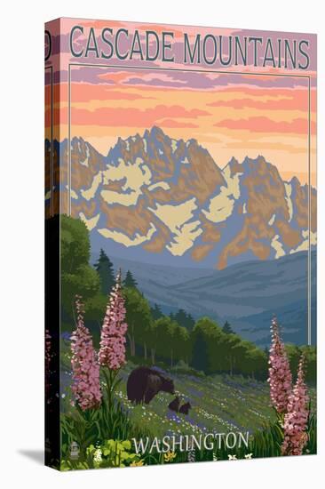 Cascade Mountains, Washington - Bears and Spring Flowers-Lantern Press-Stretched Canvas