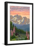 Cascade Mountains, Washington - Bears and Spring Flowers-Lantern Press-Framed Art Print