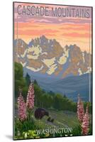 Cascade Mountains, Washington - Bears and Spring Flowers-Lantern Press-Mounted Art Print