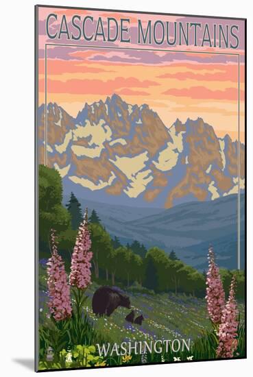 Cascade Mountains, Washington - Bears and Spring Flowers-Lantern Press-Mounted Art Print