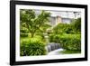 Cascading Creek in a Garden with a Medieval Tower-George Oze-Framed Photographic Print