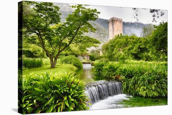 Cascading Creek in a Garden with a Medieval Tower-George Oze-Stretched Canvas