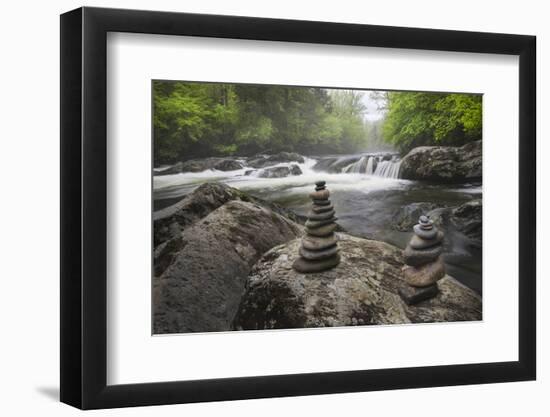 Cascading mountain stream and rock cairns, Great Smoky Mountains NP, Tennessee, North Carolina-Adam Jones-Framed Photographic Print