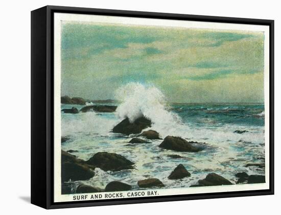 Casco Bay, Maine - View of the Surf and Beach Rocks-Lantern Press-Framed Stretched Canvas