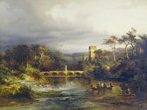 Castle at a forest lake with boaters and arched bridge. 1846-Caspar Scheuren-Framed Stretched Canvas