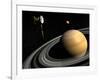 Cassini Spacecraft Orbiting Saturn and And its Moon Titan-null-Framed Art Print