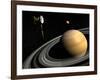 Cassini Spacecraft Orbiting Saturn and And its Moon Titan-null-Framed Art Print