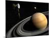 Cassini Spacecraft Orbiting Saturn and And its Moon Titan-null-Mounted Art Print