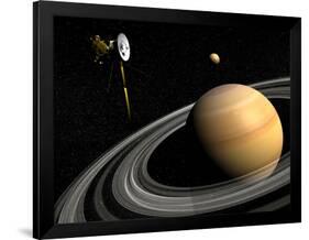 Cassini Spacecraft Orbiting Saturn and And its Moon Titan-null-Framed Art Print