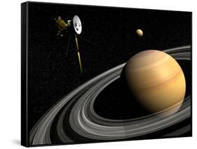 Cassini Spacecraft Orbiting Saturn and And its Moon Titan-null-Framed Stretched Canvas