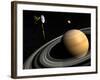 Cassini Spacecraft Orbiting Saturn and And its Moon Titan-null-Framed Art Print