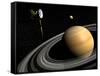 Cassini Spacecraft Orbiting Saturn and And its Moon Titan-null-Framed Stretched Canvas