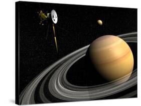 Cassini Spacecraft Orbiting Saturn and And its Moon Titan-null-Stretched Canvas