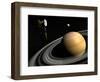 Cassini Spacecraft Orbiting Saturn and And its Moon Titan-null-Framed Art Print