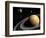 Cassini Spacecraft Orbiting Saturn and And its Moon Titan-null-Framed Art Print