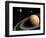 Cassini Spacecraft Orbiting Saturn and And its Moon Titan-null-Framed Art Print