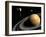 Cassini Spacecraft Orbiting Saturn and And its Moon Titan-null-Framed Art Print
