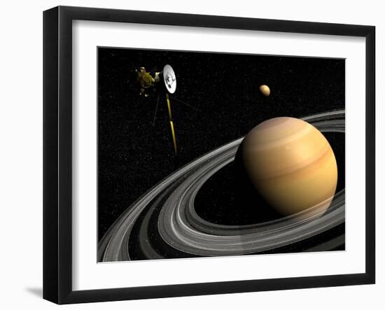 Cassini Spacecraft Orbiting Saturn and And its Moon Titan-null-Framed Art Print