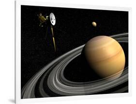 Cassini Spacecraft Orbiting Saturn and And its Moon Titan-null-Framed Art Print