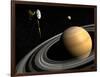 Cassini Spacecraft Orbiting Saturn and And its Moon Titan-null-Framed Art Print