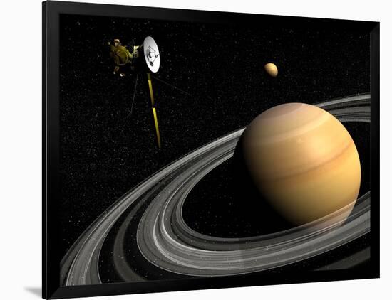 Cassini Spacecraft Orbiting Saturn and And its Moon Titan-null-Framed Art Print