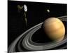 Cassini Spacecraft Orbiting Saturn and And its Moon Titan-null-Mounted Premium Giclee Print