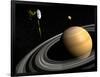 Cassini Spacecraft Orbiting Saturn and And its Moon Titan-null-Framed Premium Giclee Print