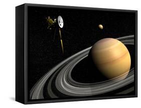 Cassini Spacecraft Orbiting Saturn and And its Moon Titan-null-Framed Stretched Canvas