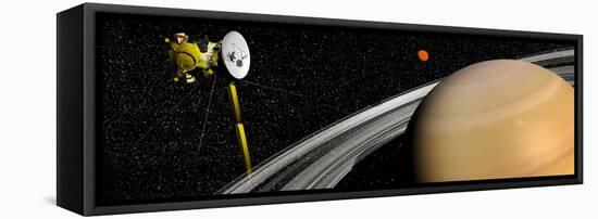 Cassini Spacecraft Orbiting Saturn and And its Moon Titan-null-Framed Stretched Canvas