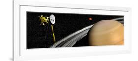 Cassini Spacecraft Orbiting Saturn and And its Moon Titan-null-Framed Premium Giclee Print