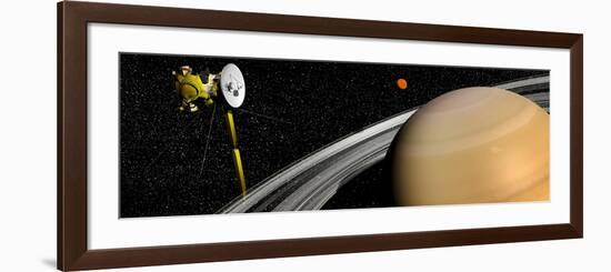 Cassini Spacecraft Orbiting Saturn and And its Moon Titan-null-Framed Premium Giclee Print