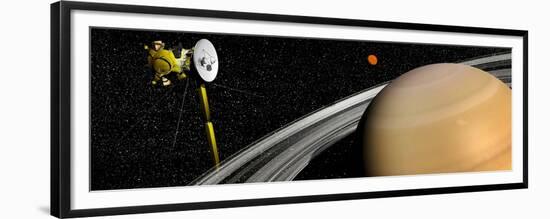 Cassini Spacecraft Orbiting Saturn and And its Moon Titan-null-Framed Premium Giclee Print