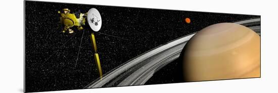 Cassini Spacecraft Orbiting Saturn and And its Moon Titan-null-Mounted Premium Giclee Print