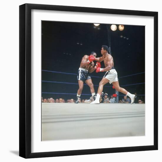 Cassius Clay, aka Muhammad Ali Throwing Famous "Phantom Punch"-George Silk-Framed Premium Photographic Print