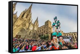 Castellers or Human Tower Exhibiting in Front of the Cathedral, Barcelona, Catalonia, Spain-Stefano Politi Markovina-Framed Stretched Canvas