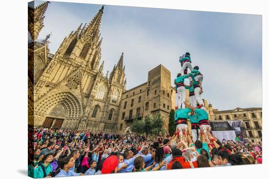 Castellers or Human Tower Exhibiting in Front of the Cathedral, Barcelona, Catalonia, Spain-Stefano Politi Markovina-Stretched Canvas