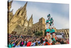 Castellers or Human Tower Exhibiting in Front of the Cathedral, Barcelona, Catalonia, Spain-Stefano Politi Markovina-Stretched Canvas