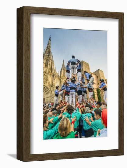Castellers or Human Tower Exhibiting in Front of the Cathedral, Barcelona, Catalonia, Spain-Stefano Politi Markovina-Framed Photographic Print