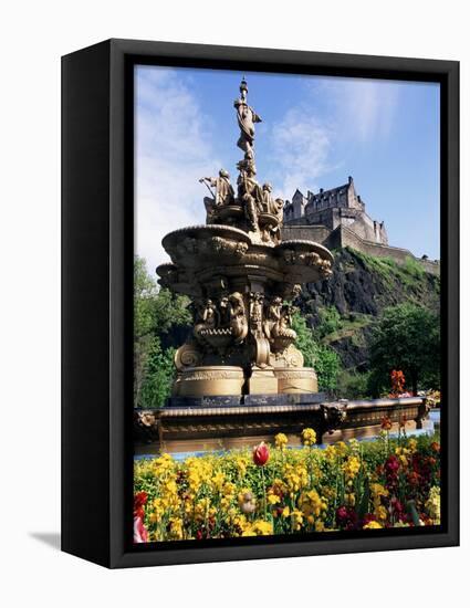 Castle and Princes Street Garden Fountain, Edinburgh, Lothian, Scotland, United Kingdom-Neale Clarke-Framed Stretched Canvas