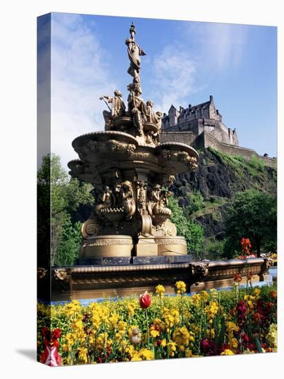 Castle and Princes Street Garden Fountain, Edinburgh, Lothian, Scotland, United Kingdom-Neale Clarke-Stretched Canvas