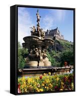 Castle and Princes Street Garden Fountain, Edinburgh, Lothian, Scotland, United Kingdom-Neale Clarke-Framed Stretched Canvas