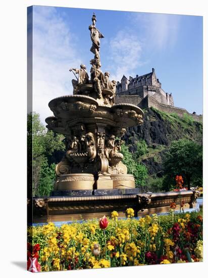 Castle and Princes Street Garden Fountain, Edinburgh, Lothian, Scotland, United Kingdom-Neale Clarke-Stretched Canvas