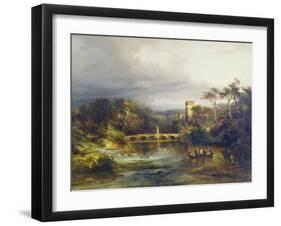 Castle at a forest lake with boaters and arched bridge. 1846-Caspar Scheuren-Framed Giclee Print